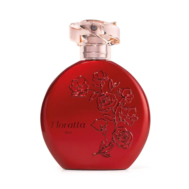 Frasco de item de perfumaria da marca Floratta Red em formato arredondado na cor vermelha, com relevo de flores, nome da marca em relevo e tampa acrílica transparente com borrifador dourado.