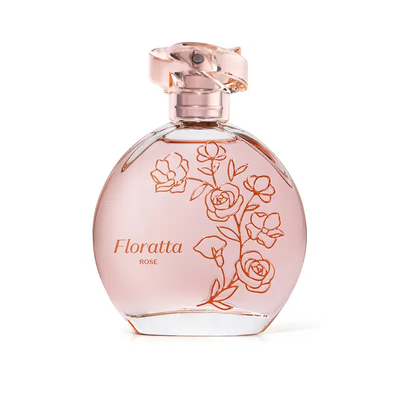 Imagem de vidro do desodorante colônia da marca Floratta Rose na cor rosa com desenhos de flores em vermelho, rótulo com nome em destaque. Uma fragrância feminina e cheia de estilo. O recipiente traz 75ml da fragrância.