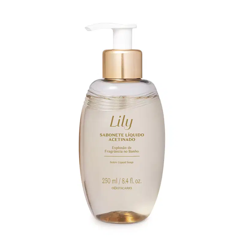 Frasco ovalado bege com letras marrons, detalhe dourado e bomba dosadora branca contando 250ml de sabonete líquido acetinado da marca Lily.