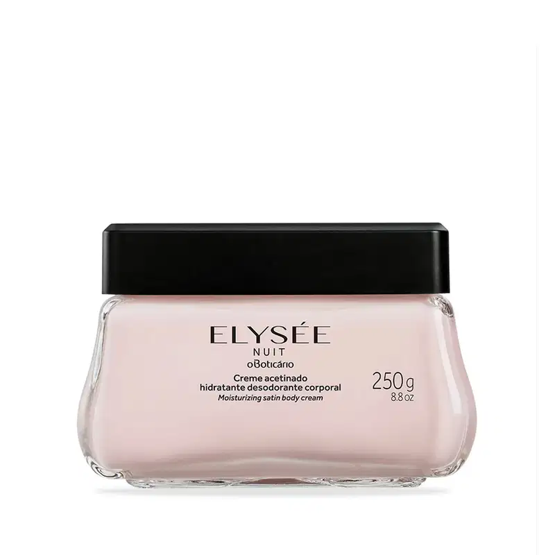 Pote de vidro transparente com conteúdo branco, tampa e letras pretas, contendo 250g de creme acetinado hidratante corporal da marca Elysée Nuit.