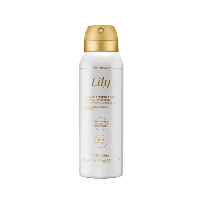 Frasco branco com tampa e letras douradas contendo 75g/125ml de desodorante antitranspirante aerossol da marca Lily.