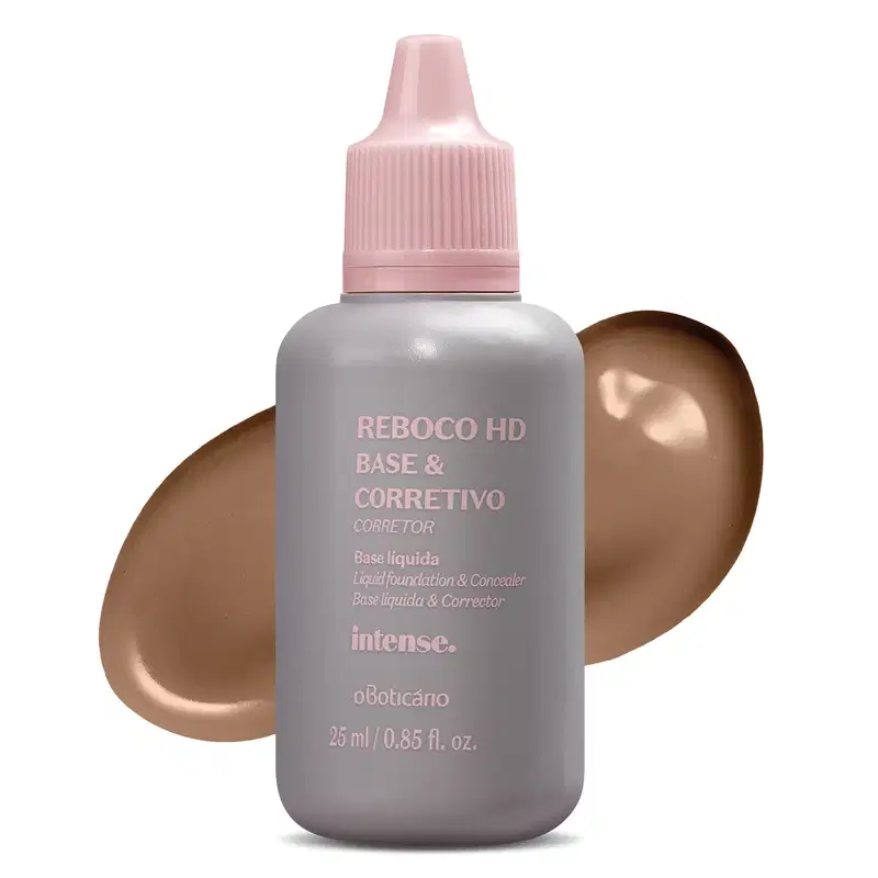 Frasco branco com fundo escuro e letras bege contendo 24g de base líquida e corretivo Reboco HD na cor 50 da marca Intense. Atrás da embalagem, uma pequena porção do produto, na cor marrom, mostrando a real tonalidade do produto.