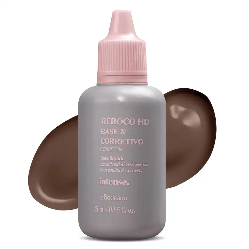 Frasco branco com fundo escuro e letras bege contendo 24g de base líquida e corretivo Reboco HD na cor 80 da marca Intense. Atrás da embalagem, uma pequena porção do produto, na cor marrom escura, mostrando a real tonalidade do produto.