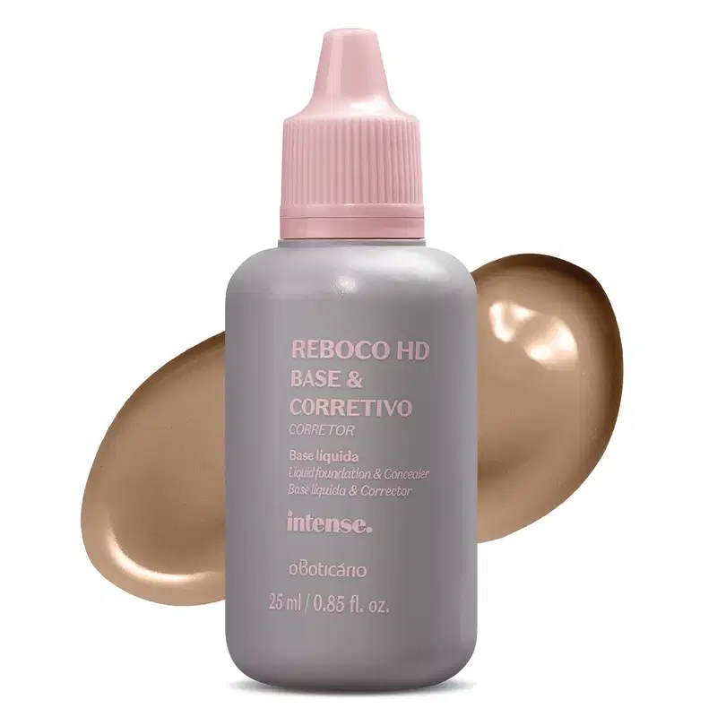 Imagem de um frasco de base líquida e corretivo da marca Intense, com tampa branca e rótulo com texto em branco, apresentando textura cremosa em tons de bege e dourado.
