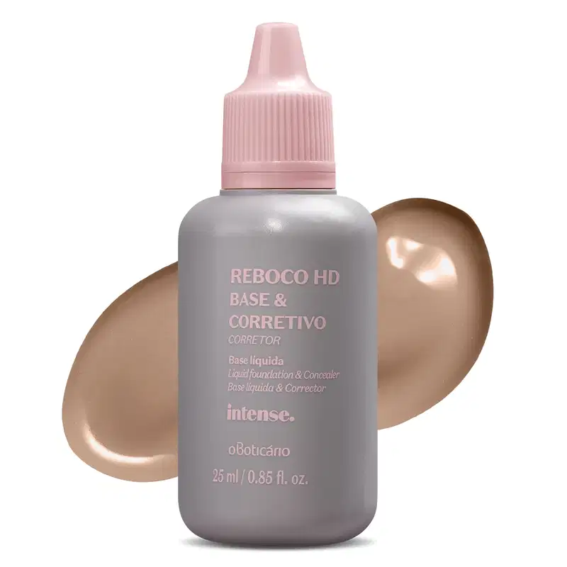Frasco branco com fundo escuro e letras bege contendo 24g de base líquida e corretivo Reboco HD na cor 25 da marca Intense. Atrás da embalagem, uma pequena porção do produto, na cor bege escuro, mostrando a real tonalidade do produto.