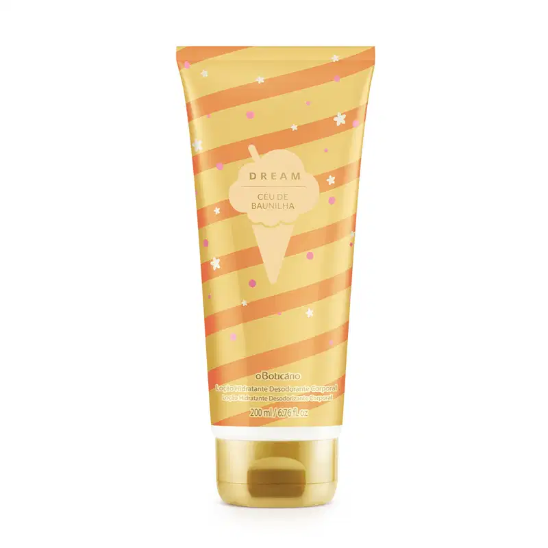 Bisnaga dourada e laranja com tampa dourada e sorvete ilustrado contendo 200ml de loção hidratante corporal da marca Dream Céu de Baunilha.