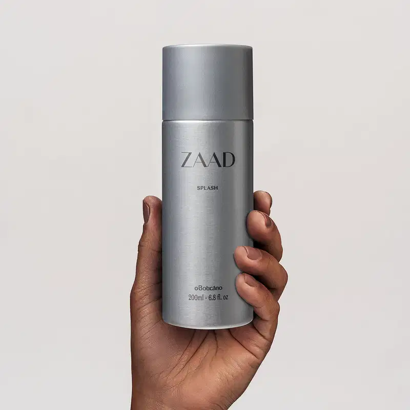 Mão segurando um frasco cilíndrico prateado com tampa e letras cinzas contendo 200ml de body splash Zaad em fundo cinza claro.