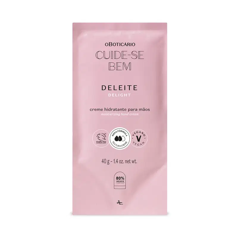 Refil de creme hidratante para as mãos da marca Cuide-se Bem Deleite em sachê de 40g na cor rosa com letras pretas.