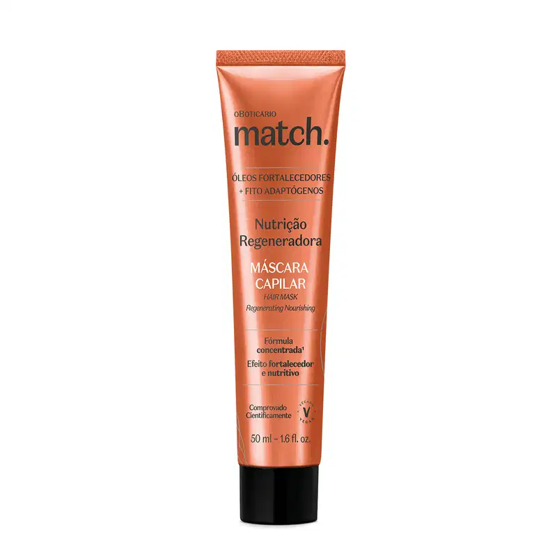 Bisnaga laranja metalizada com tampa preta e letras brancas e pretas contendo 50ml de máscara capilar da marca Match Nutrição Regeneradora.