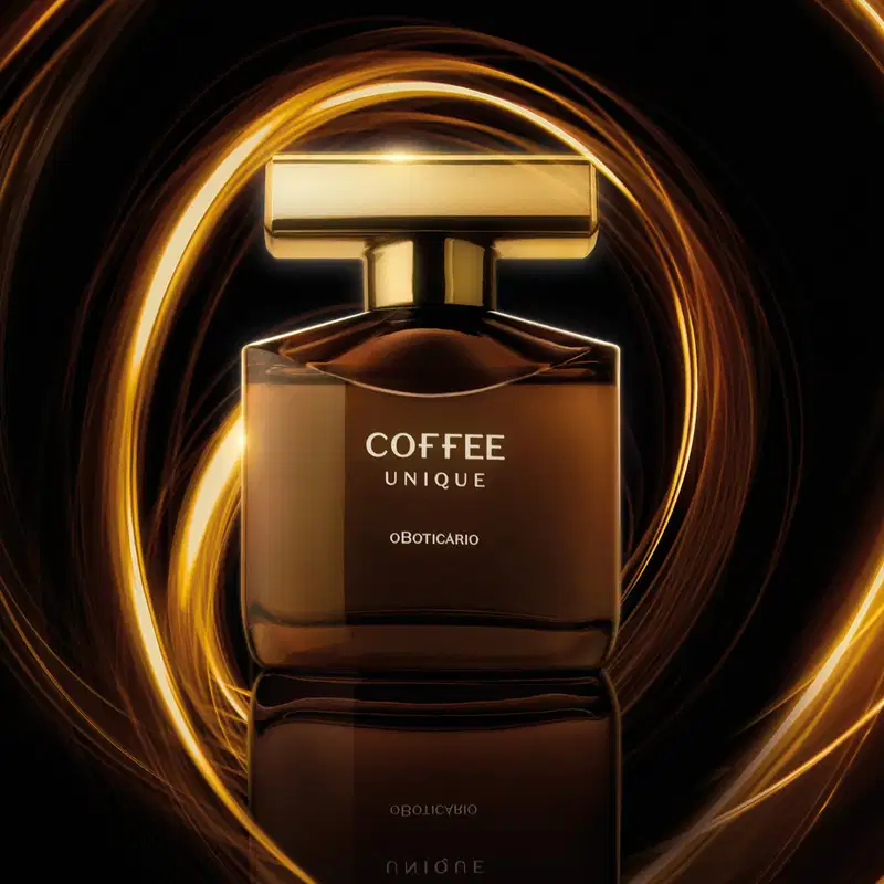 Imagem de frasco marrom com tampa dourada de desodorante colônia masculina da marca Coffee Man Unique em destaque, com fundo escuro e efeitos de luz dourados criando um ambiente elegante e sofisticado.