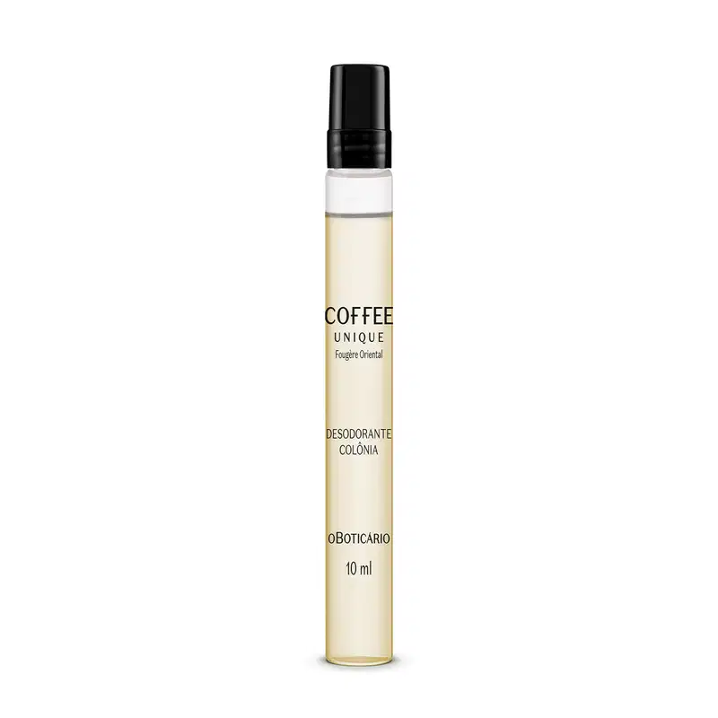 Frasco cilíndrico transparente com líquido amarelado tampa preta de Desodorante Colônia Coffee Woman Unique em tamanho compacto de 10ml.