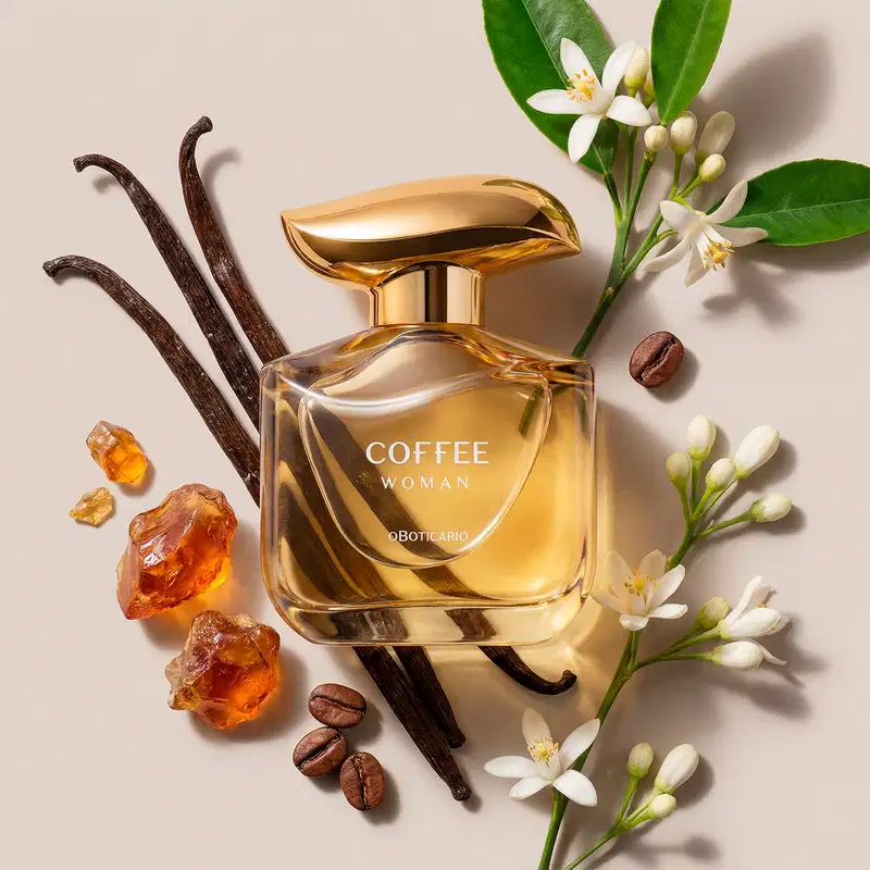 Imagem de um frasco dourado com tampa da mesma tonalidade do desodorante colônia Coffee Woman Floriental Ambarado sobre superfície bege, com flores brancas, grãos de café e pedras âmbar ao redor, em ambiente com tons neutros.