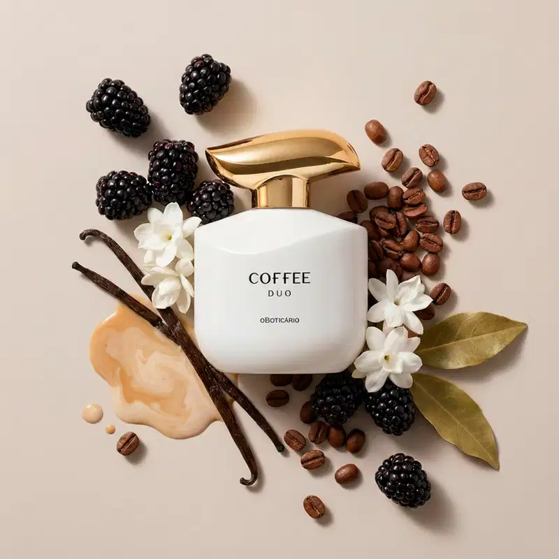 Imagem de um frasco do desodorante colônia Coffee Woman Duo em embalagem branca com tampa dourada em formato ondulado e rótulo em letras pretas. Ele está cercado por grãos de café, amoras e flores brancas com fundo bege.