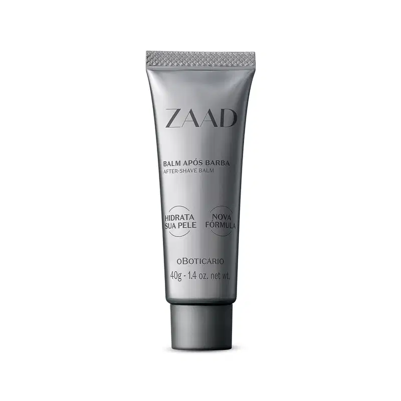 Frasco de balm pós-barba Zaad, com embalagem de 40g prateada e textura metálica, contendo informações sobre a fórmula hidratante em rótulo branco.