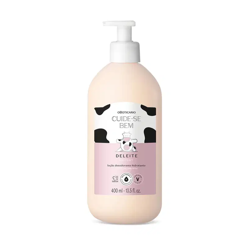 Frasco branco com bomba dosadora, rótulo branco e rosa com manchas pretas e com vaquinha ilustrada, contendo 400ml de loção hidratante corporal da marca Cuide-se Bem Deleite.