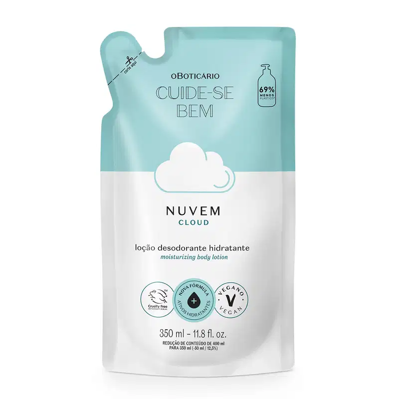 Refil de loção hidratante corporal Cuide-se Bem Nuvem em sachê de 350ml nas cores azul e branco com nuvem ilustrada.