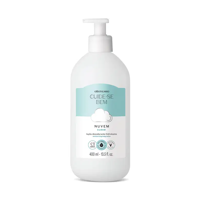 Frasco branco com bomba dosadora e rótulo em azul claro e branco com nuvens ilustradas contendo 400ml de loção hidratante corporal Cuide-se Bem Nuvem.