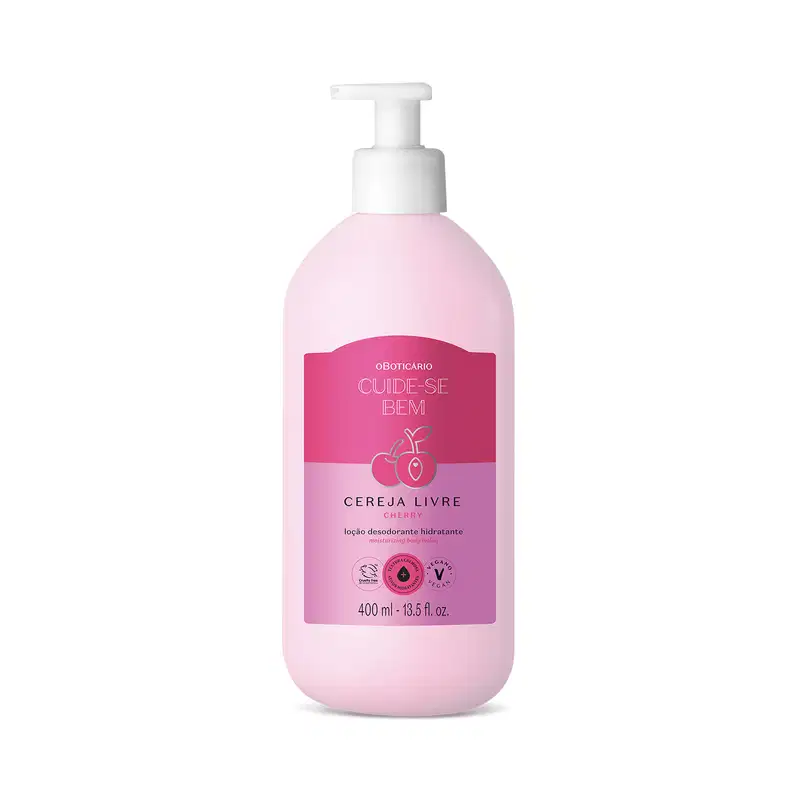 Frasco branco com bomba dosadora e rótulo nas cores rosa e lilás com cerejas ilustradas contendo 400ml de loção hidratante corporal Cuide-se Bem Cereja Livre.