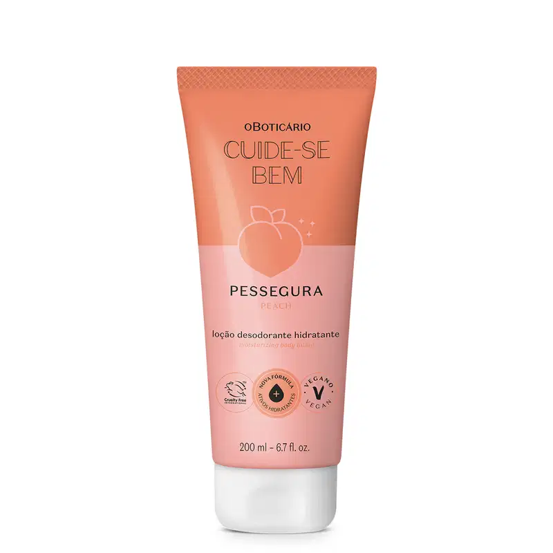 Bisnaga em tons de rosa com tampa transparente, letras pretas e pêssego ilustrado contendo 200ml de loção hidratante corporal da marca Cuide-se Bem Pessegura.
