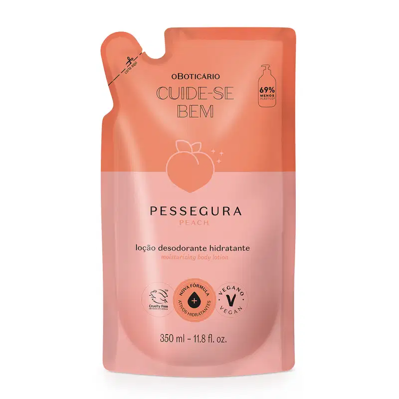 Refil de loção hidratante corporal Cuide-se Bem Pessegura em sachê de 350ml em tons de rosa com pêssego ilustrado.
