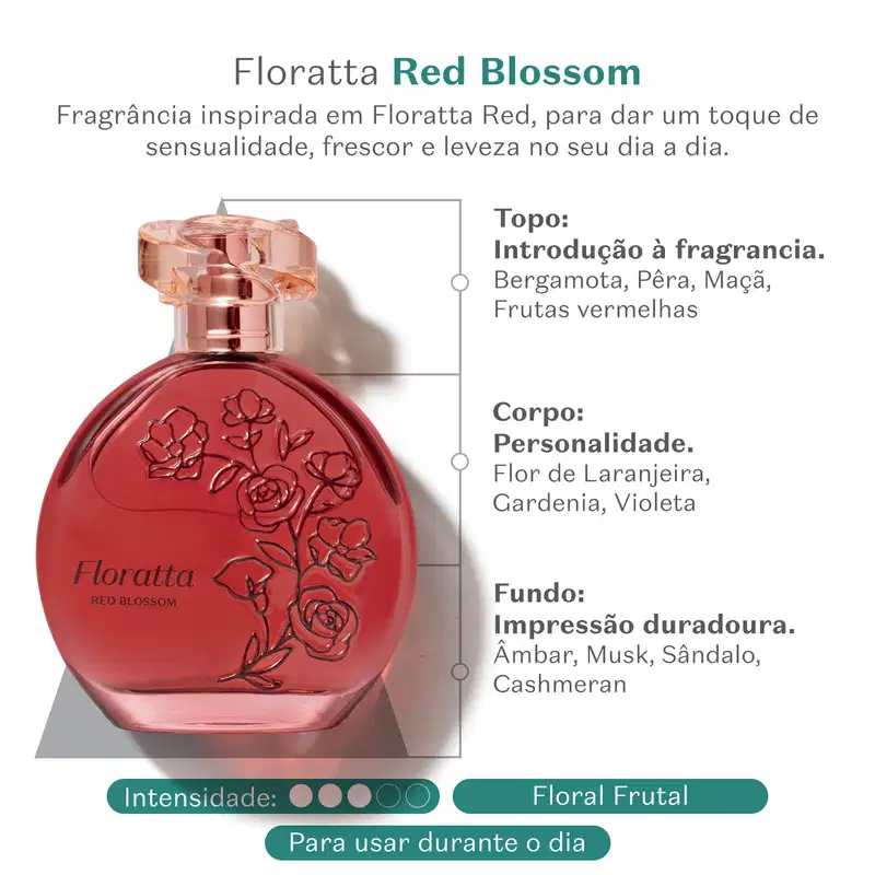 Vidro transparente com líquido vermelho, florais em relevo, borrifador dourado e tampa cristal contendo desodorante colônia Floratta Red Blossom em fundo branco com letras verdes informando sobre a fragrância e suas notas olfativas.