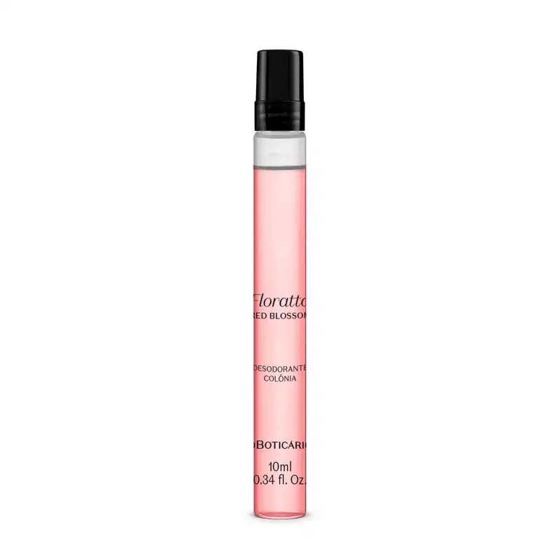 Frasco cilíndrico e transparente com líquido rosa, tampa e letras pretas, contendo 10ml de desodorante colônia Floratta Red Blossom.