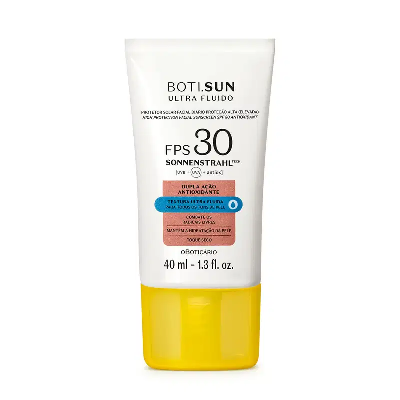 Frasco branco com tampa amarela, letras pretas e detalhes nas cores azul e laranja contendo 40ml de protetor solar facial antioxidante FPS 30 Ultra Fluído da marca Boti.Sun.