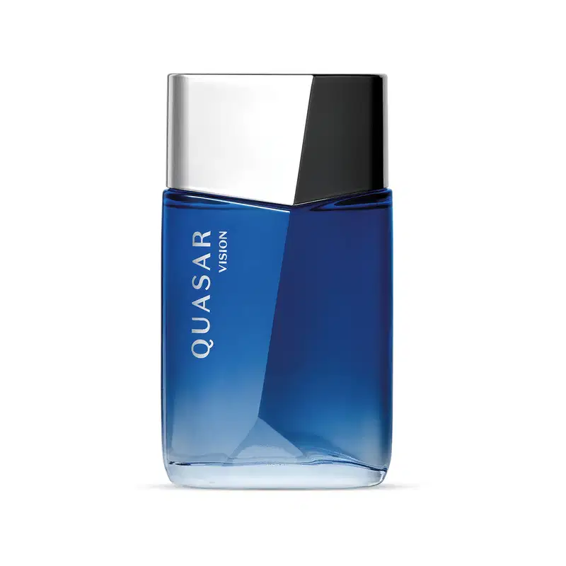 Vidro retangular azul com formato geométrico, tampa prateada e letras brancas contendo 100ml de desodorante colônia Quasar Vision.