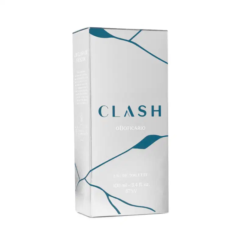 Caixa branca com detalhes em azul-petróleo contendo item de perfumaria da marca Clash, com texto "Clash Oboticarío" em destaque.