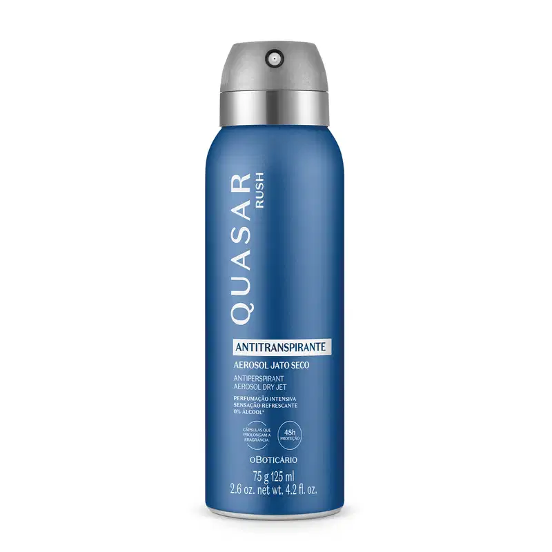 Frasco azul com rótulo e tampa nas cores prata e cinza contendo 75g/125ml de desodorante antitranspirante aerossol Quasar Rush.