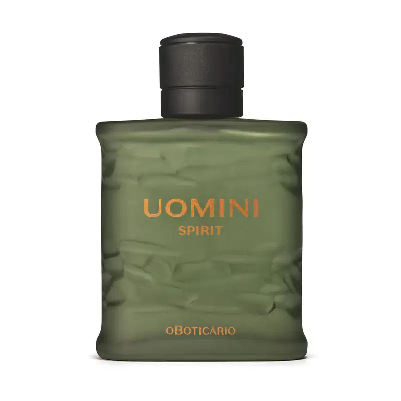 Frasco retangular em tom de verde oliva com tampa texturizada preta e letras laranjas contendo 100ml de desodorante colônia Uomini Spirit.