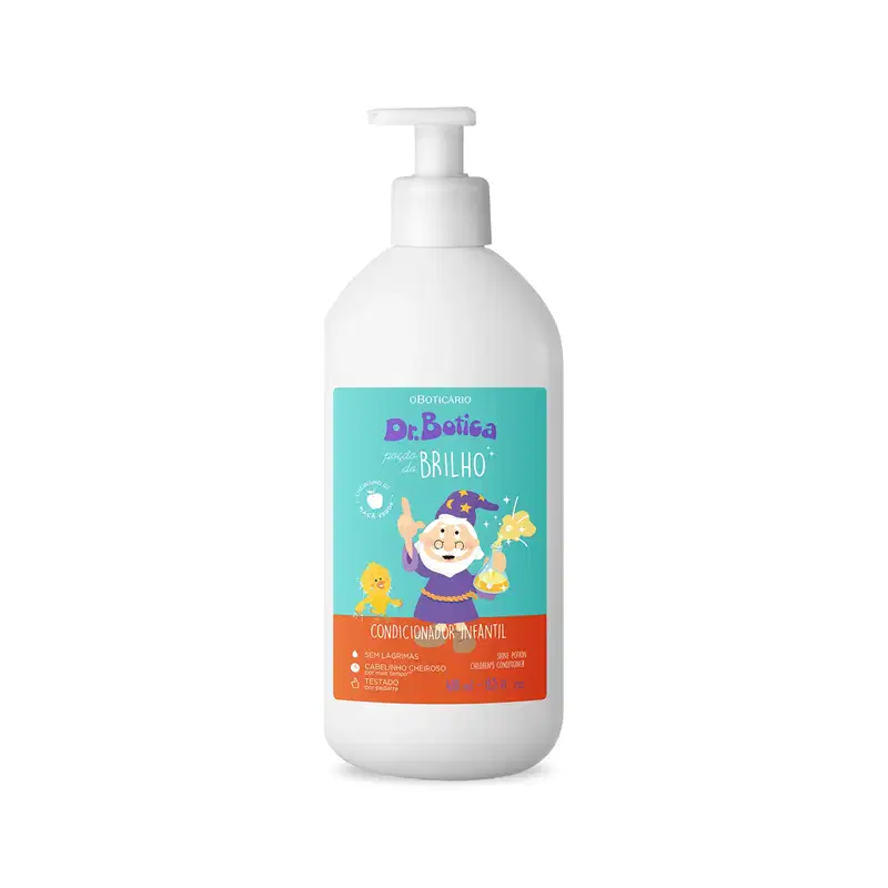 Condicionador Poção do Brilho da marca Dr. Botica em um frasco de 400ml na cor branca, bomba dosadora e rótulo azul e laranja com ilustração do personagem da marca.