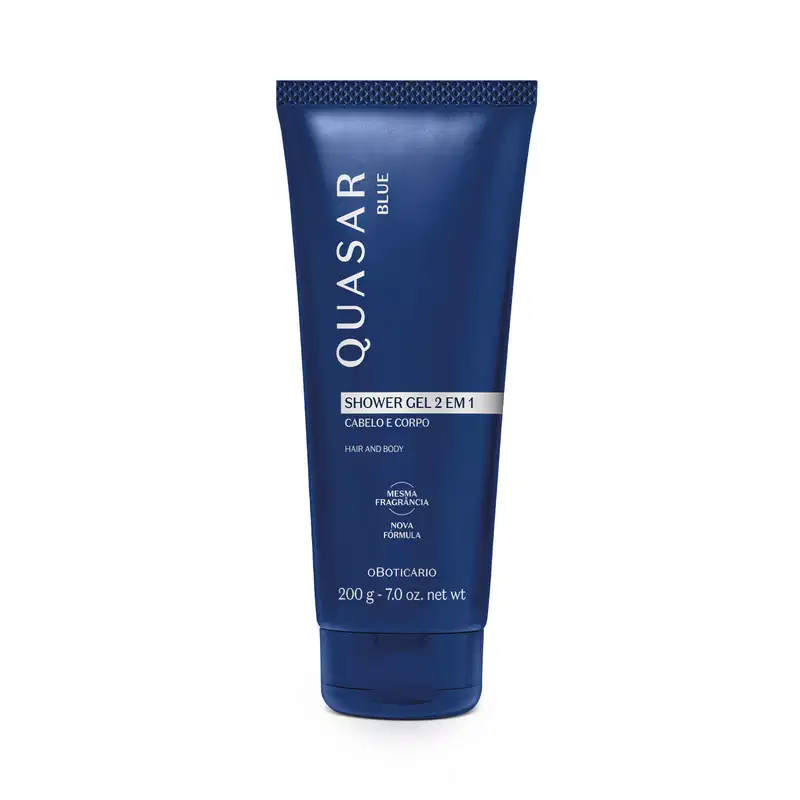 Bisnaga de cor azul escuro com letras brancas contendo 200g de shower gel cabelo e corpo Quasar Blue.