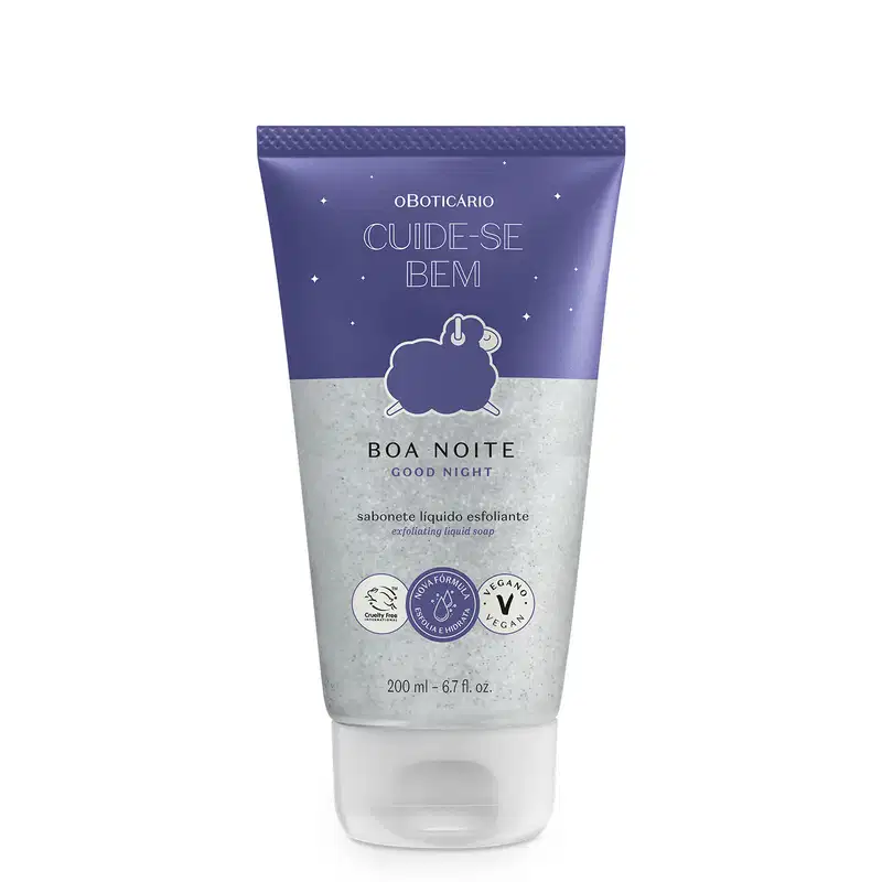Bisnaga azul e lilás com tampa branca e desenho de ovelhinha ilustrado no rótulo contendo 200ml de sabonete líquido esfoliante Cuide-se Bem Boa Noite.