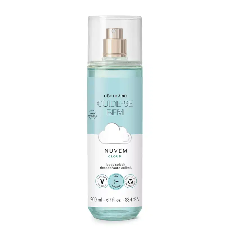 Frasco transparente com líquido azul, pulverizador prateado, tampa transparente e rótulo azul e branco com ilustração de nuvem contendo 200ml de body splash Cuide-se Bem Nuvem.