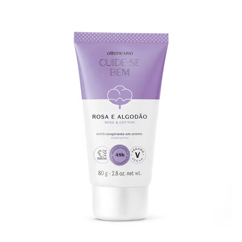 Bisnaga em tons de lilás e branco com flor de algodão ilustrada contendo 80g de antitranspirante em creme da marca Cuide-se Bem Rosa e Algodão.