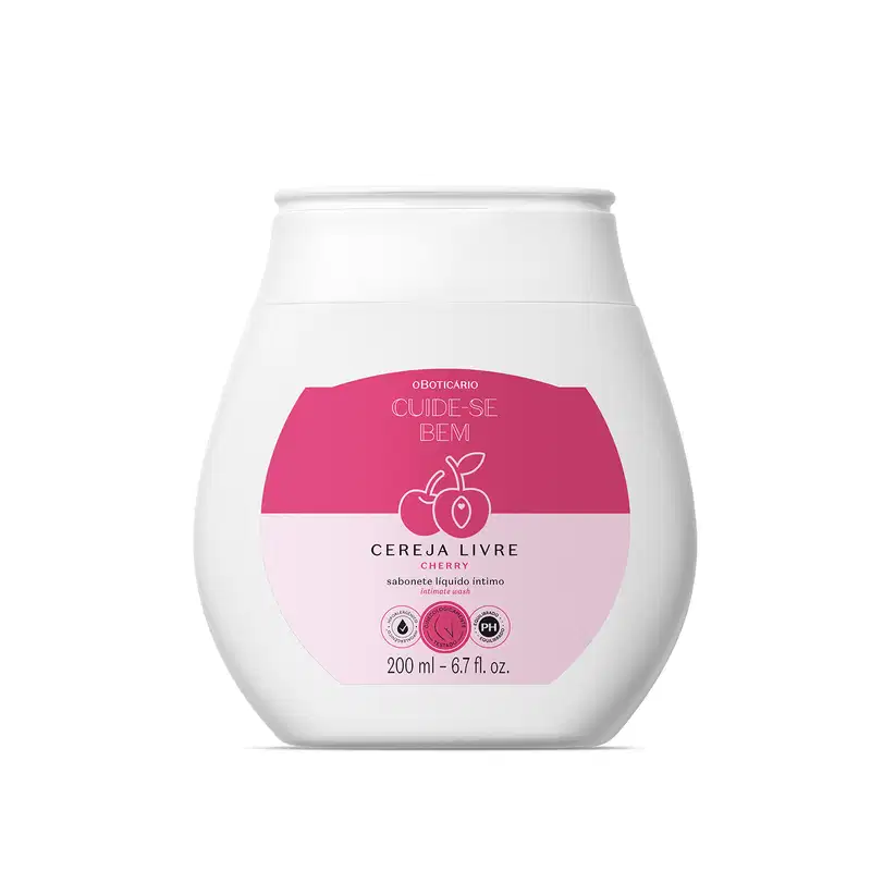 Frasco branco com rótulo rosa com a marca Cuide-se Bem Cereja Livre e imagem de cereja, contendo 200ml de sabonete líquido íntimo.