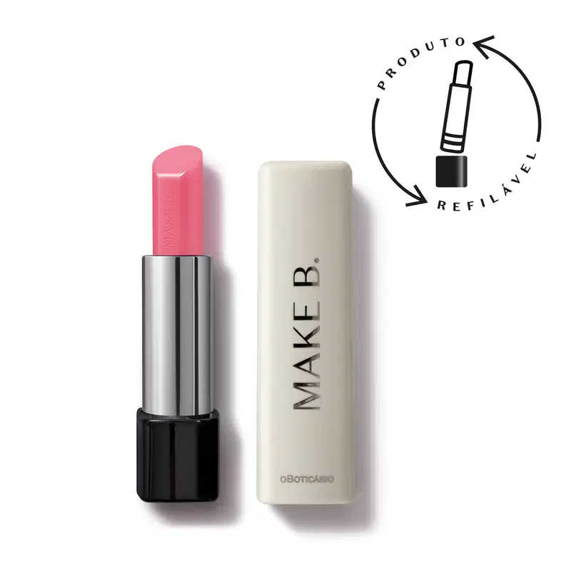 Balm labial Micro Tint na cor Rosa Rosewatere da marca Make B. em uma embalagem com fundo preto, corpo prateado e tampa branca com a marca gravada nela. Ao lado, uma imagem mostrando se tratar de um produto refilável.