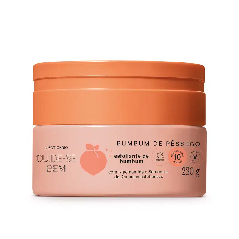 Pote em tons de rosa com letras pretas e pêssego ilustrado contendo 230g de creme esfoliante de bumbum Cuide-se Bem Bumbum de Pêssego.
