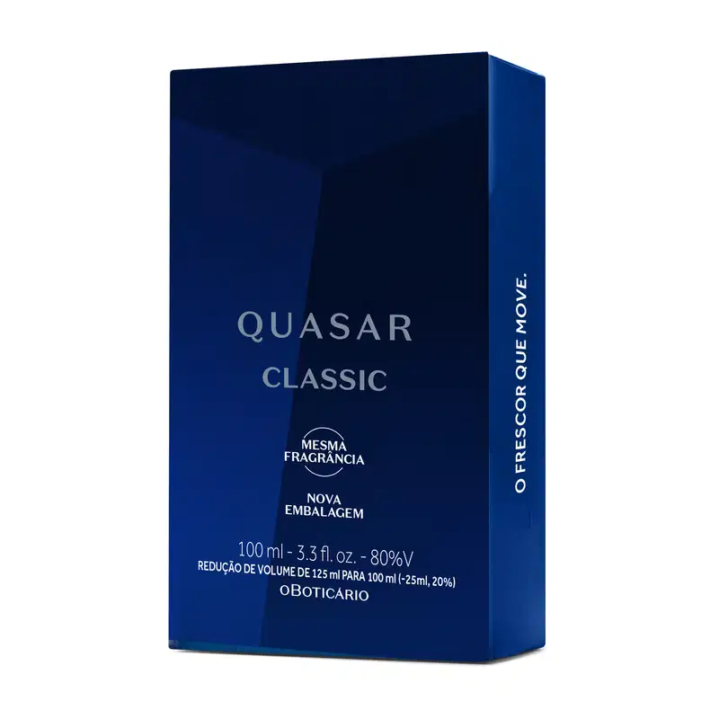 Caixa azul escuro com letras brancas contendo um vidro de desodorante colônia Quasar Classic.