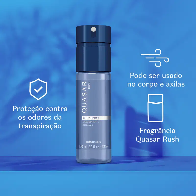 Embalagem de body spray Quasar Rush em fundo azul vibrante, com informações sobre proteção contra odores da transpiração e fragrância.