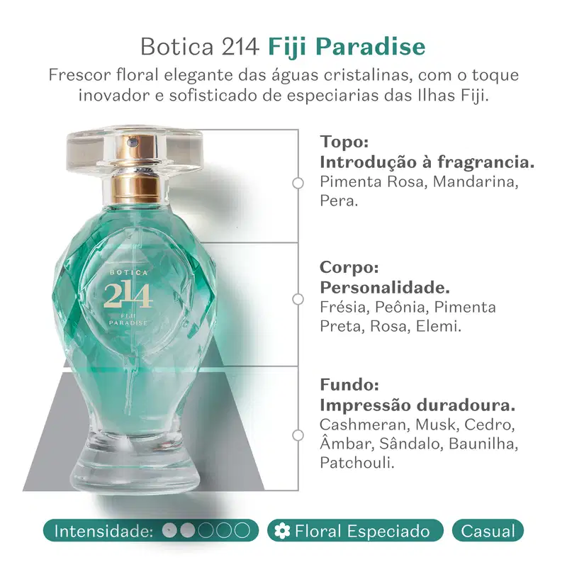 Vidro transparente lapidado com líquido azul, borrifador dourado, tampa transparente e letras douradas de Eau de Parfum Floral Especiado da marca Botica 214 Fiji Paradise com letras verdes informando sobre a fragrância e suas notas olfativas.
