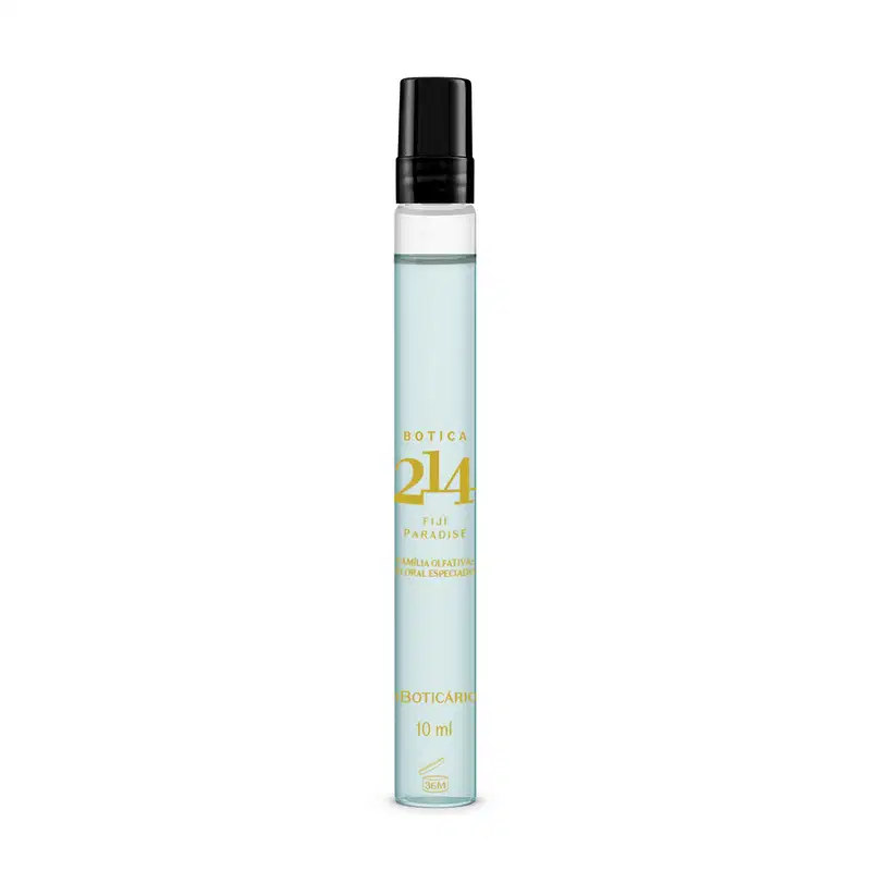 Vidro cilíndrico transparente com líquido azul claro, tampa preta e letras douradas contendo 10ml de Eau de Parfum feminino da marca Botica 214 Fiji Paradise.