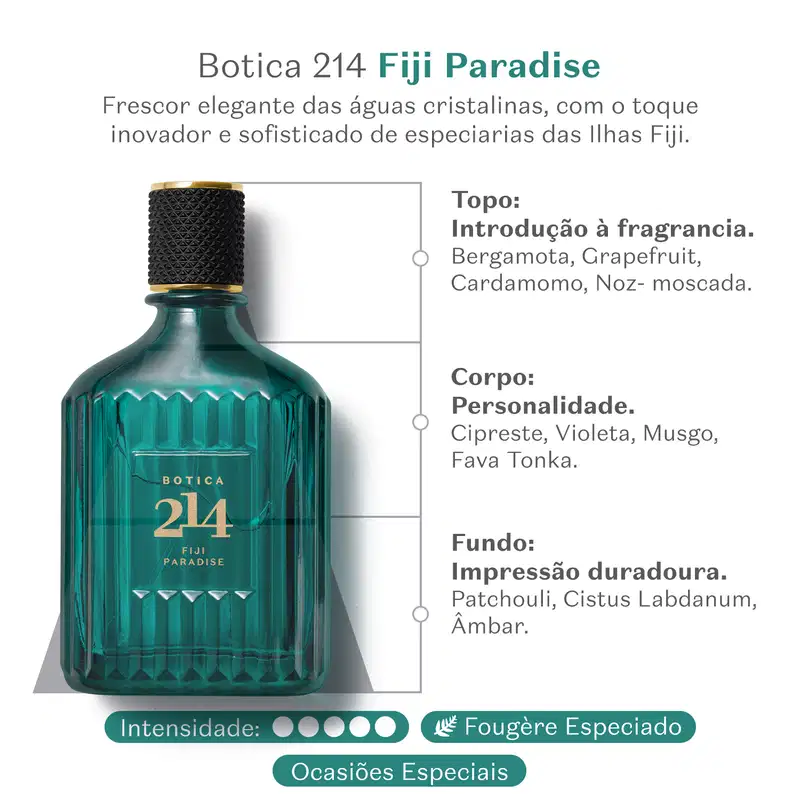 Vidro azul com tampa preta e letras douradas de Eau de Parfum Fougére Especiado da marca Botica 214 Fiji Paradise em fundo branco com letras verdes informando sobre a fragrância e suas notas olfativas.