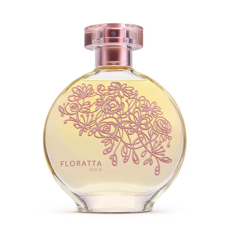Vidro transparente redondo com florais em relevo e líquido dourado, borrifador também dourado e tampa transparente contendo 75ml de desodorante colônia Floratta Gold.