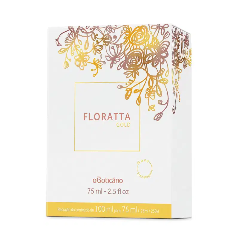 Caixa branca com flores laranjas e detalhe na mesma tonalidade contendo um vidro de 75ml de Floratta Gold.