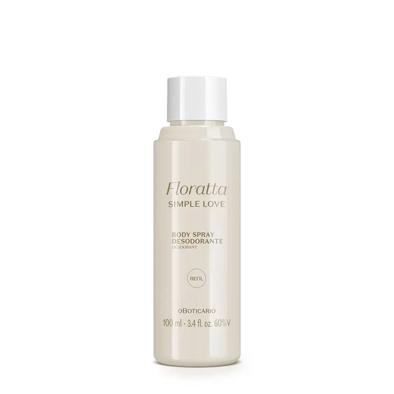 Refil de body splash Floratta Simple Love em frasco cilíndrico lilás com tampa branca e letras marrons.