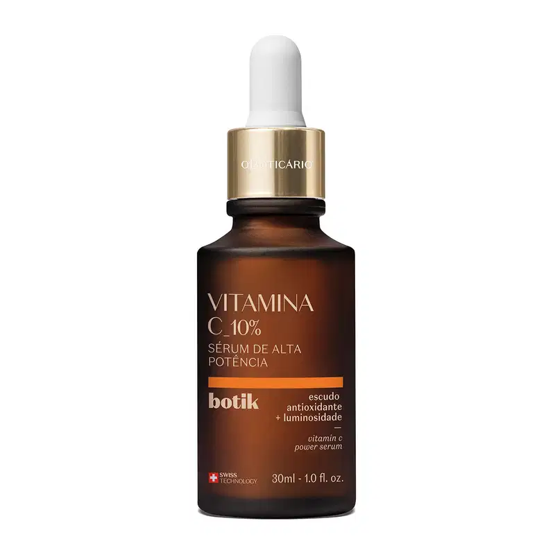 Vidro marrom com detalhe dourado, conta-gotas branco, letras amarelas e detalhe em laranja contendo 30ml de sérum de alta potência 10% da marca Botik Vitamina C.