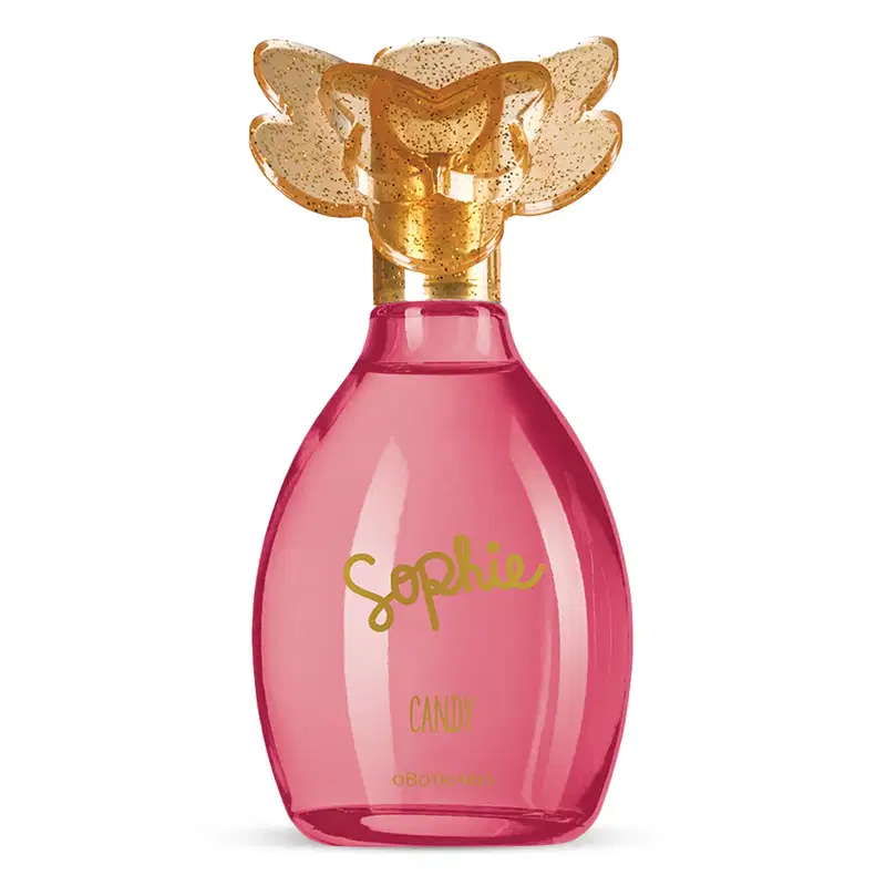 Frasco rosa com tampa dourada em formato de borboleta e rótulo com letras rosa escuro contendo 100ml de colônia infantil Sophie Candy.