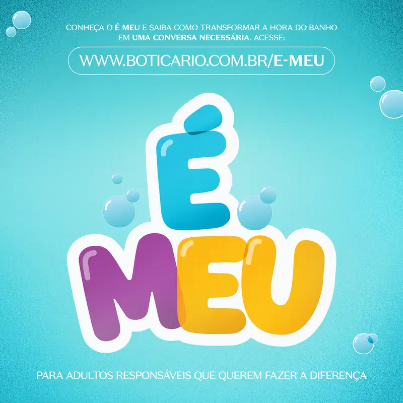 Letras grandes e coloridas com contorno branco escrito "É MEU" em fundo azul com iluminação no fundo das letras.